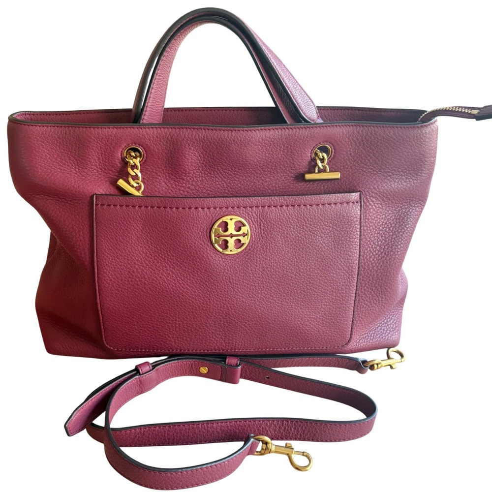 $498 TORY BURCH Chelsea Burgundy Leather Tote Satchel Gold‎ Chain Strap EUC